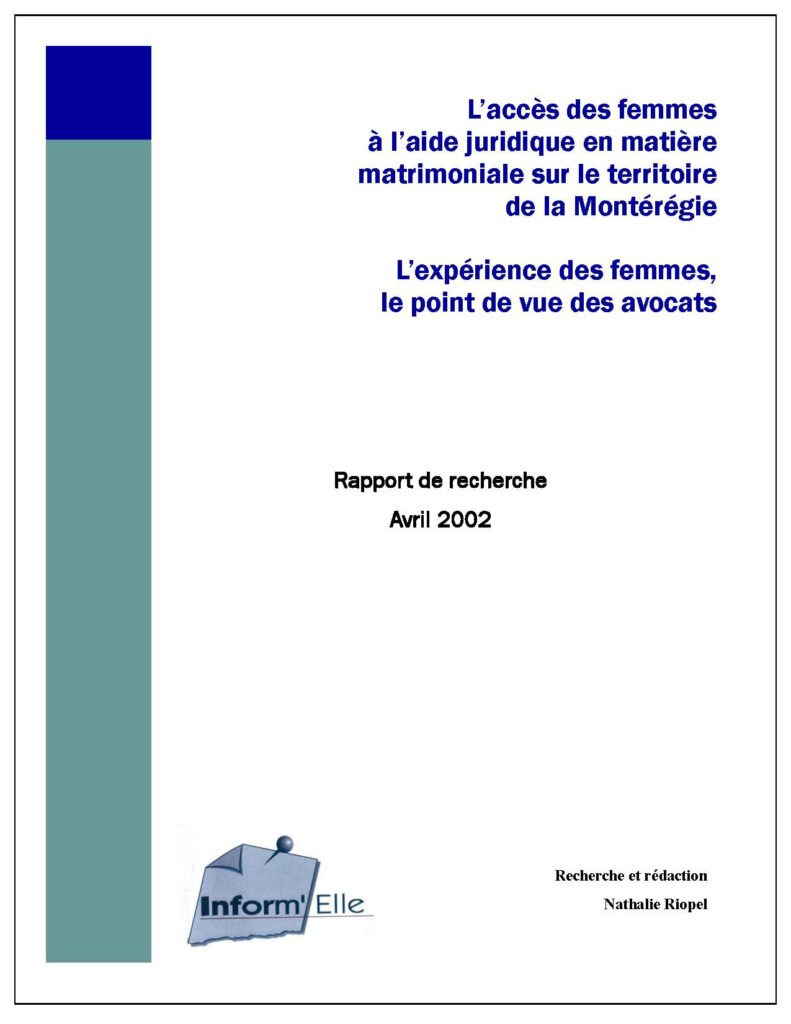 Rapport : L’accès des femmes à l’aide juridique en matière matrimoniale sur le territoire de la Montérégie